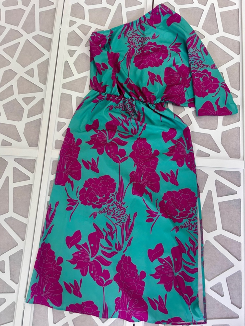 Teal & Magenta Floral One-Shoulder Dress